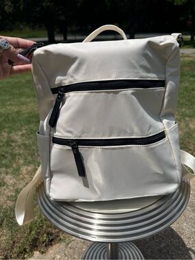 Cream Nylon Mini Backpack with Black Zippers